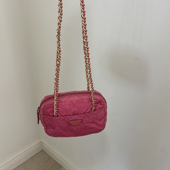 Prada Bag Pink Nylon - Barbie Color with Gold Long Double Chain Straps - Picture 9 of 17